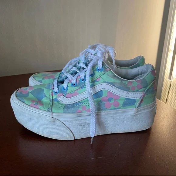 Vans Old Skool Stacked Checkered Floral Blue Platform Shoes - Picture 3 of 7